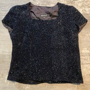 Vintage 90s “Brunella” Black Tinsel Corset Short Sleeve Top Edgy Goth